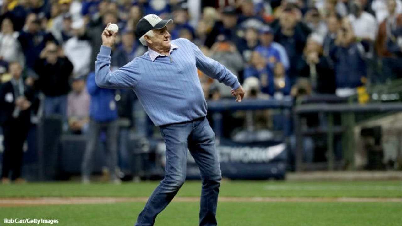 Just a bit outside! Brewers announcer Bob Uecker throws out NLCS