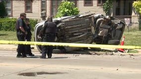 'Largely cut in half:' 5 hurt after crash involving 2 vehicles, pole near 40th and North