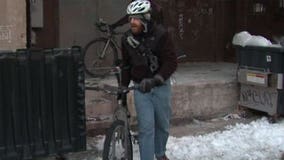 Bike courier layers up for day spent working outside in bitter cold