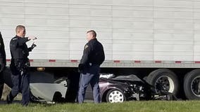 1 killed when car hit, became trapped under semi on Highway 11 in Racine County