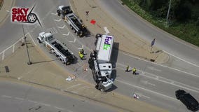 Roundabout rollover: FedEx truck ends up on its side north of I-43 and Moorland in New Berlin