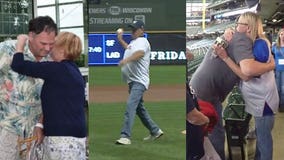 Brewers fan with Cubs fan's heart meets donor's family at Miller Park, throws out 1st pitch