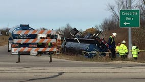 Developing: Tanker truck rolls over, leaks fuel; Mequon Rd. ramp now closed