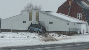 Van slams into metal barn in Town of Port Washington: "Just missed the '65 Chevelle"