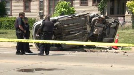 'Largely cut in half:' 5 hurt after crash involving 2 vehicles, pole near 40th and North