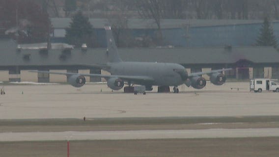 KC-135 Stratotanker with 128th Air Refueling Wing experiences engine trouble during training mission