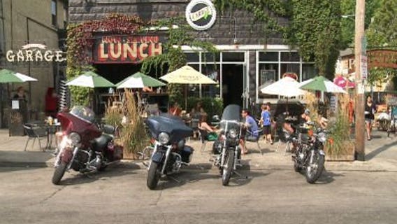 A quieter scene on Brady Street Sunday during "Bikers' Brunch"