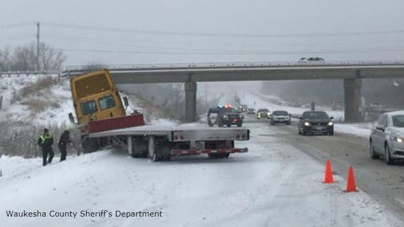 Fresh snowfall leads to multiple crashes, at least 2 jackknifed semis