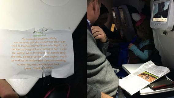 Dad passes out candy on flight so 3-year-old missing Halloween can trick-or-treat