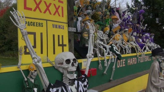"It's worth coming out to see:" Folks get a kick out of Halloween football display, complete with 'die-hard' fans