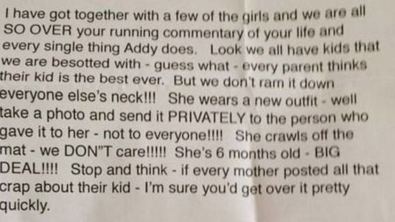 Mom receives angry letter from friends fed up with constant Facebook posts about her baby