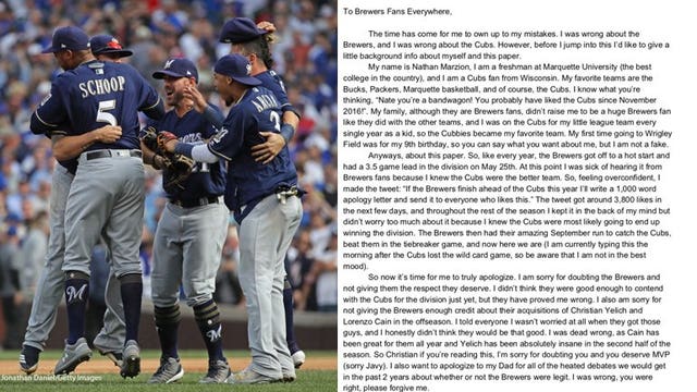 'I was wrong:' Cubs fan sends 'apology' letters to Brewers, Brew Crew fans