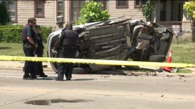 'Largely cut in half:' 5 hurt after crash involving 2 vehicles, pole near 40th and North