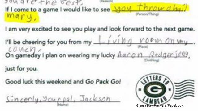 Packers share letter written by 10-year-old boy who dreams of seeing an Aaron Rodgers' Hail Mary pass