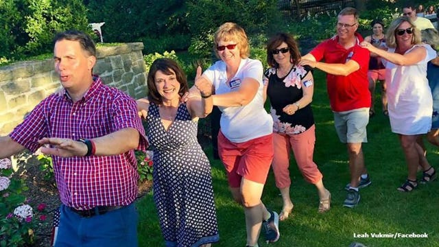 GOP Senate candidate Leah Vukmir joins Gov. Walker in conga line