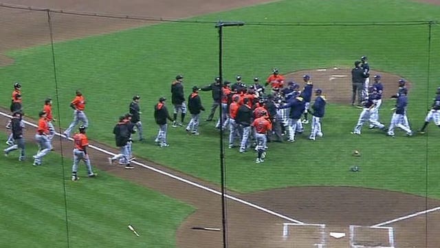 Benches clear at Miller Park after Marlins' Stanton, Johnson hit by Fiers' pitches