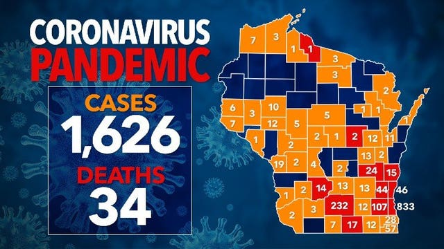 Largest 1-day case increase: 1,600+ positive for COVID-19 in Wisconsin, 18K+ negative, 34 deaths