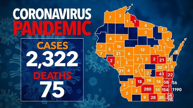 2,300+ positive for COVID-19 in Wisconsin; 25K+ negative, 75 deaths