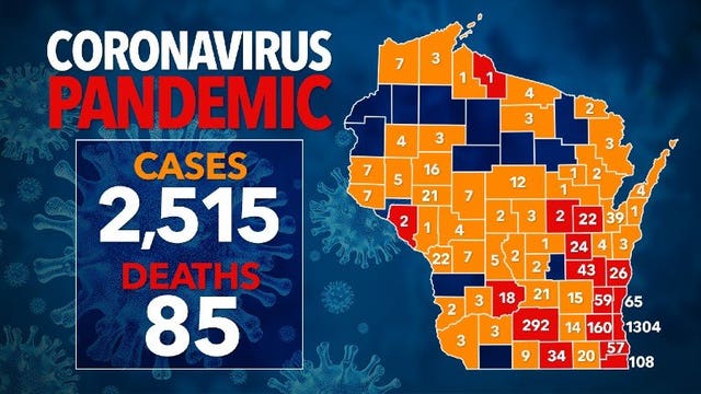 2,500+ positive for COVID-19 in Wisconsin; 26K+ negative, 85 deaths