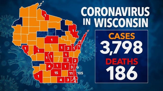 186 deaths in Wisconsin due to COVID-19; 3,798 positive cases, 39K+ negative