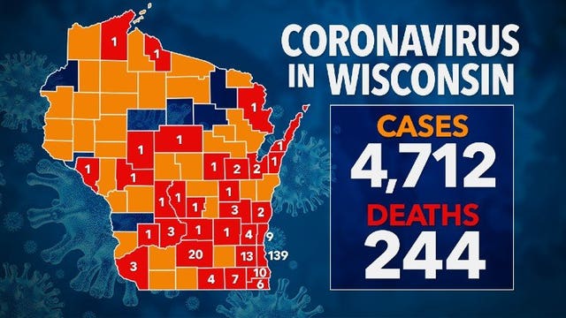 244 COVID-19 deaths in Wisconsin; 4,712 positive cases, 47K+ negative