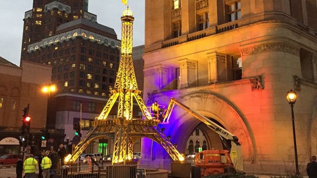 "We share Paris' agony:" Milwaukee stands with Paris as mini Eiffel Tower erected at City Hall