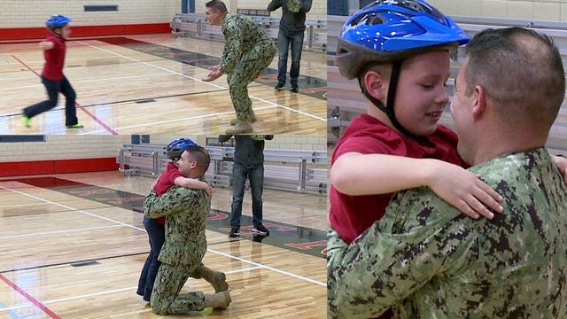 'I haven't seen him in 20 months:' Military dad surprises his 7-year-old son at school