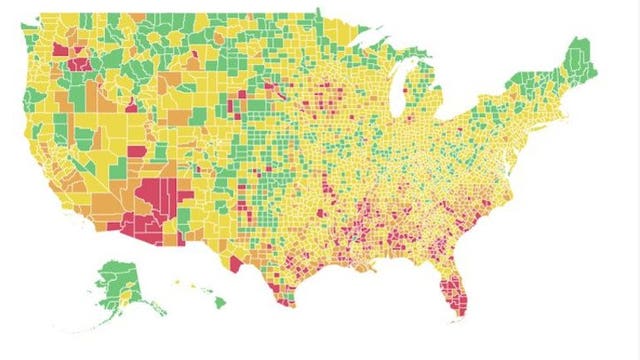 Color-coded interactive map illustrates COVID-19 risk level by county in US
