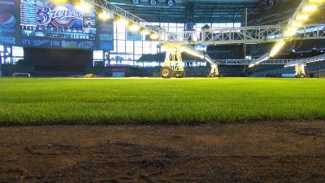 "Grow lights" help to create lush, green grass at Miller Park