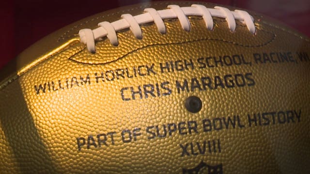 Celebration of Super Bowl 50: Horlick H.S. receives "golden football" for alumnus Chris Maragos