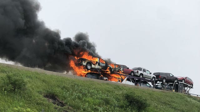 Mechanical problem sparks car hauler fire on I-41/94 near Mount Pleasant; 6 cars destroyed