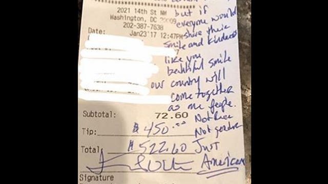 Pres. Trump supporter leaves Washington waitress $450 tip, message of unity