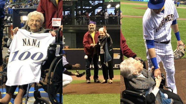 Happy Birthday Shirley! 100-year-old woman throws out 1st pitch at Brewers vs. Cubs game