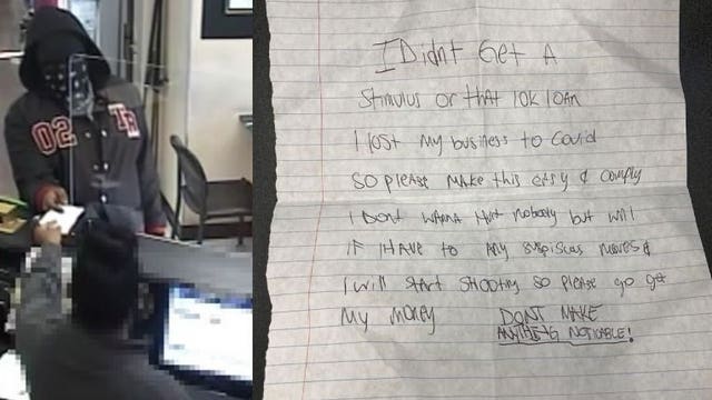 Bank robbery suspect blames COVID-19: 'I didn't get a stimulus or that 10K loan'