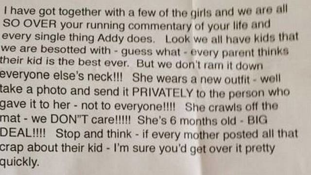 Mom receives angry letter from friends fed up with constant Facebook posts about her baby