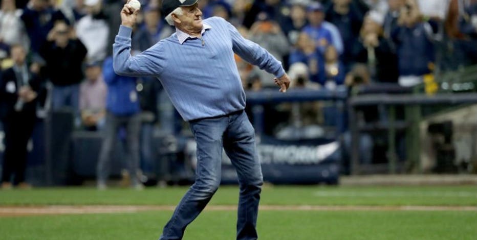 Just a bit outside! Brewers announcer Bob Uecker throws out NLCS 1st pitch