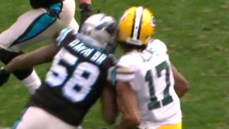 Helmet-to-helmet hit on Davante Adams by Thomas Davis during Packers/Panthers matchup