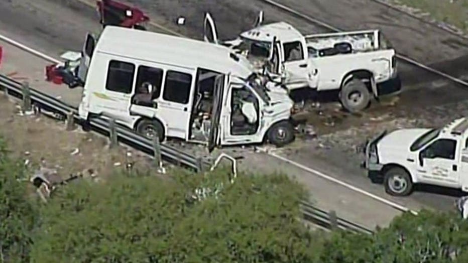 Head-on collision between church van, pickup truck