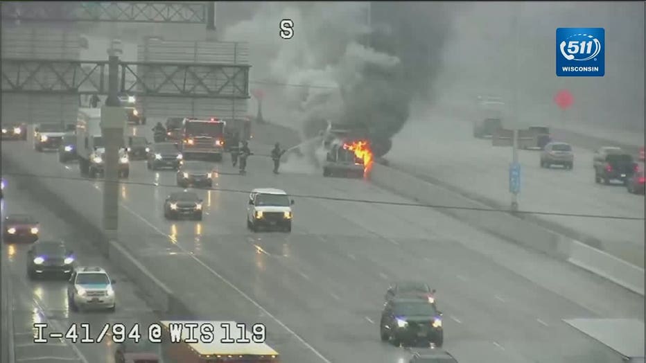 Dump truck fire on I-94 NB near College Avenue