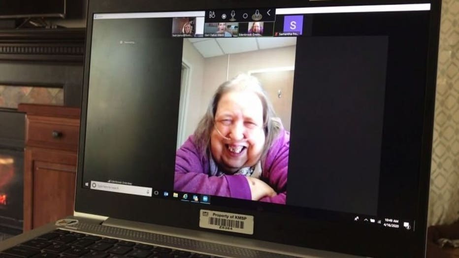 Barbara LeGrebe participates in a Zoom call through Virtual Visit Friends.