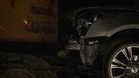 MPD: Car slams into excavator, persons in the vehicle flee the scene