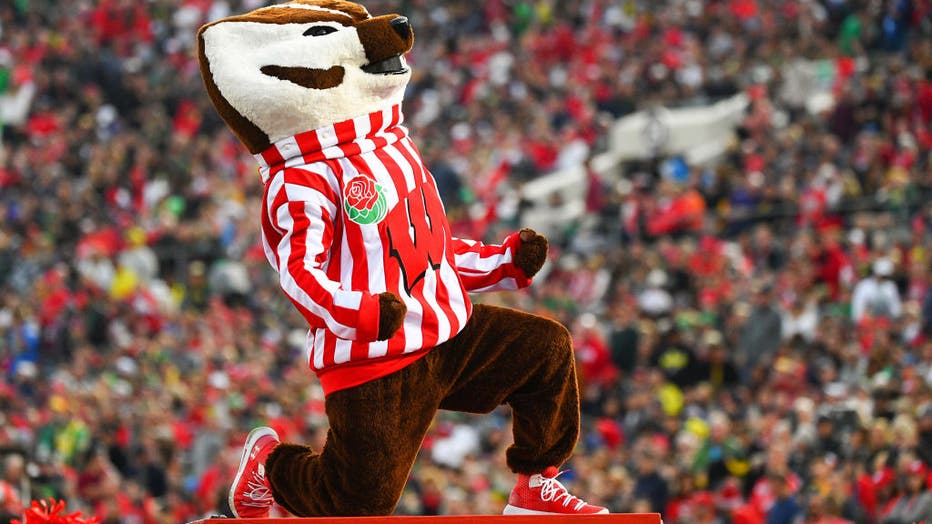 PASADENA, CA - JANUARY 01: Bucky Badger looks on during the Rose Bowl game between the Wisconsin Badgers and the Oregon Ducks on January 1, 2020 at the Rose Bowl in Pasadena, CA. (Photo by Brian Rothmuller/Icon Sportswire via Getty Images)