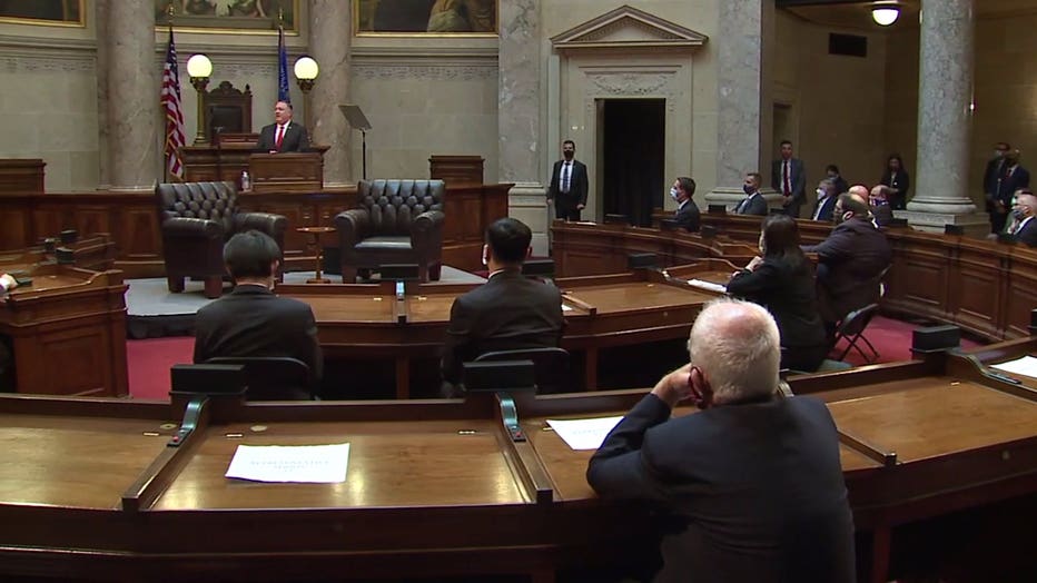 U.S. Secretary of State Mike Pompeo speaks in the Senate chamber