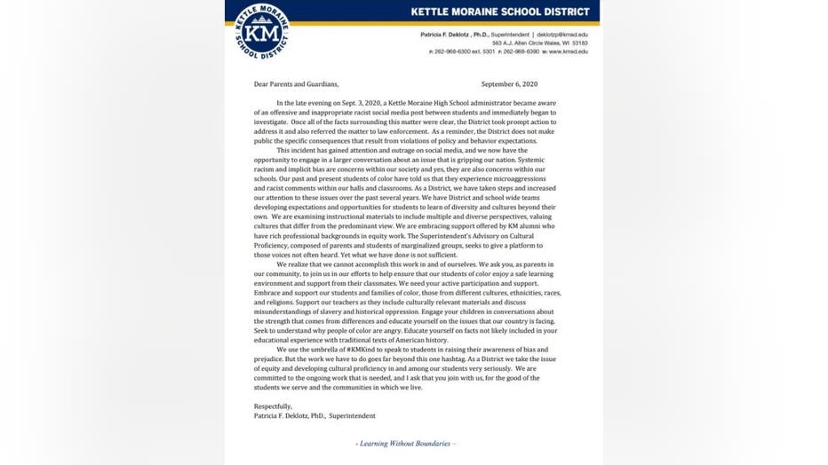 Letter to parents from Kettle Moraine superintendent