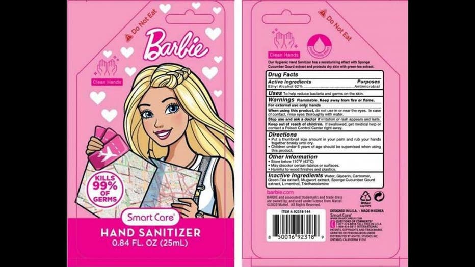 Ashtel Studios is voluntarily recalling six types of hand sanitizers marketed to children because they are packaged in containers that look like food or drink pouches. (FDA)