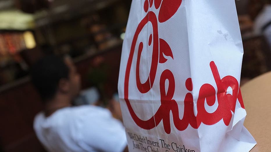 A Chick-fil-A logo is seen on a take-out bag at one of its restaurants.