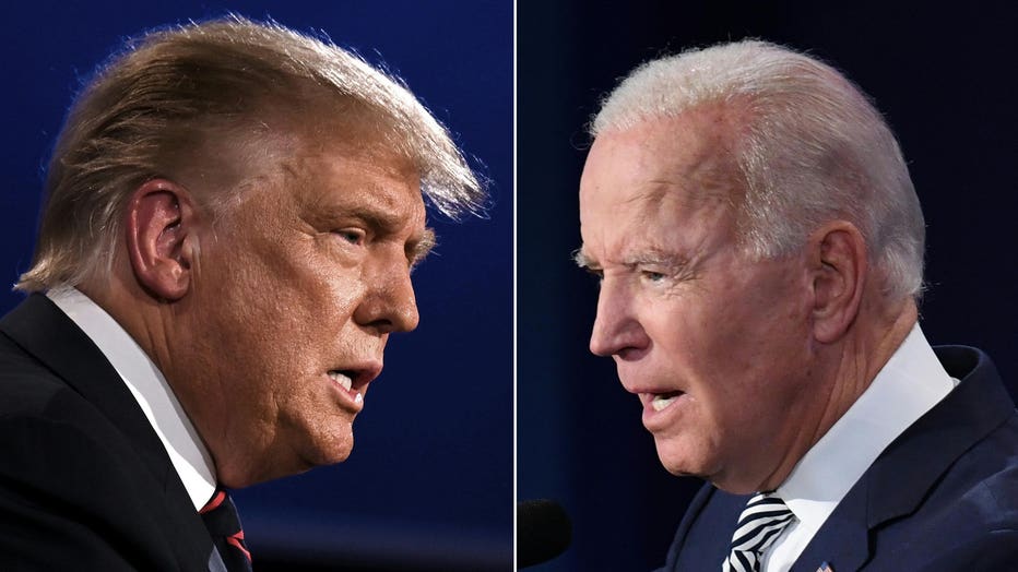 This combination of pictures shows President Donald Trump (L) and Democratic Presidential candidate former Vice President Joe Biden squaring off during the first presidential debate at the Case Western Reserve University and Cleveland Clinic in Cleveland, Ohio on Sept. 29, 2020. (Photo by JIM WATSON,SAUL LOEB/AFP via Getty Images)