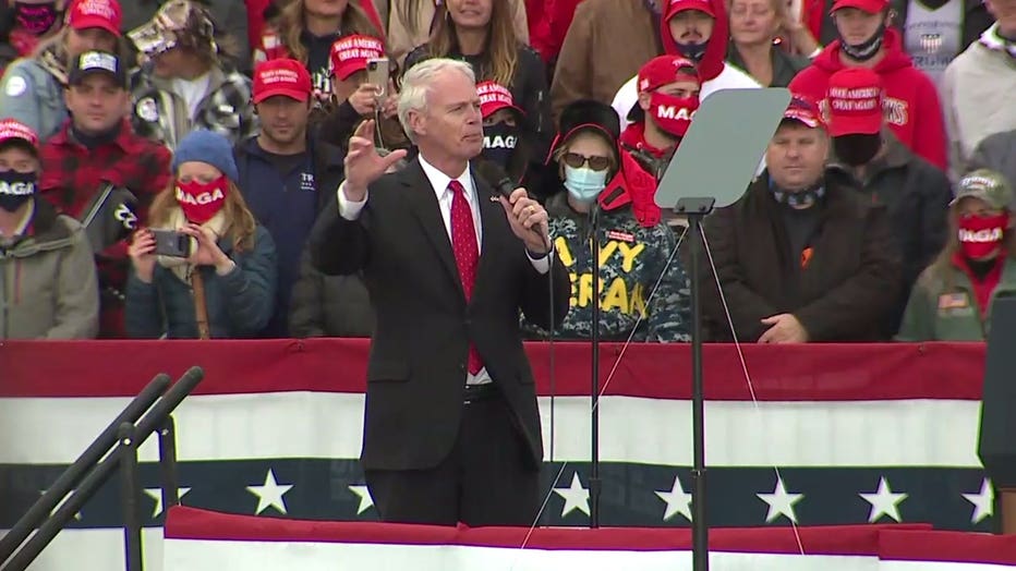 Sen. Ron Johnson speaks prior to a President Donald Trump campaign event in Janesville, Wisconsin on Saturday, Oct. 17, 2020.