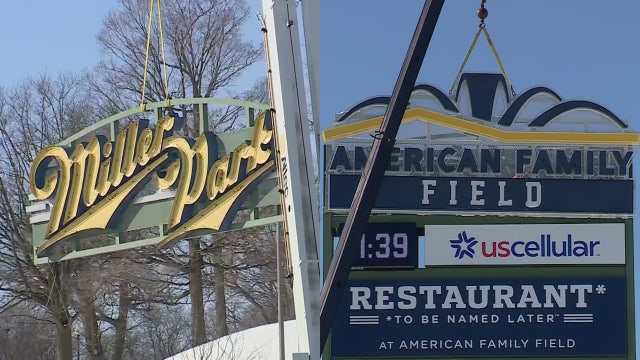 American Family Field signs hoisted into place at home of Brewers