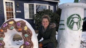 Art teacher’s larger-than-life snow sculptures encouraging students to play outside amid remote learning